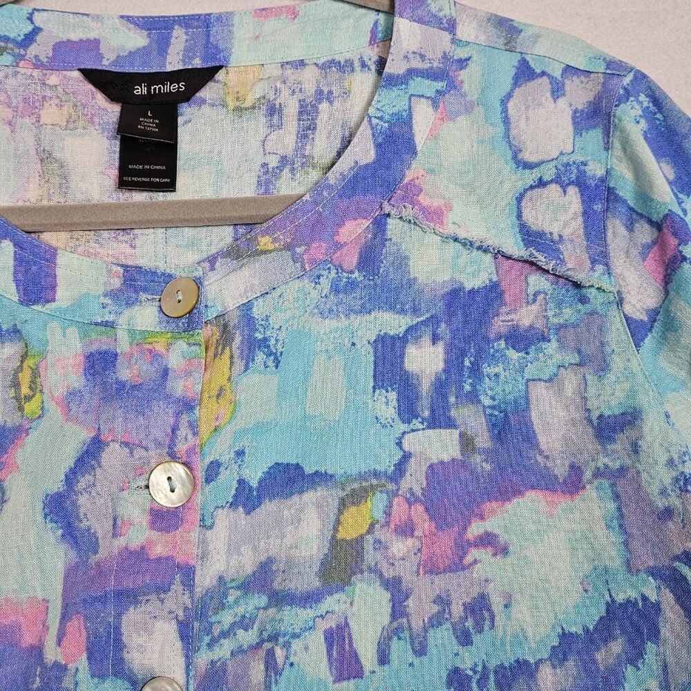 Ali Miles Large Peplum Top Colorful Button Up Ruffle Linen Blend Boho Lagenlook - Picture 3 of 5
